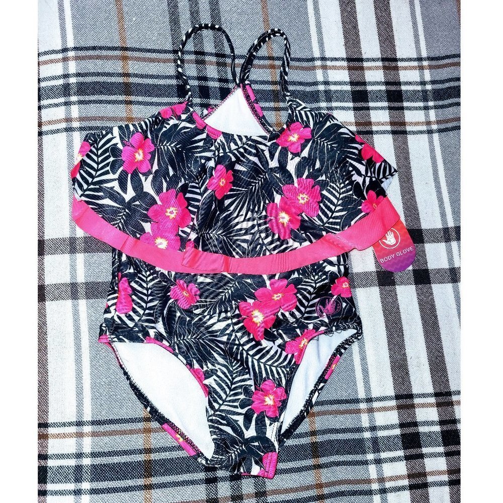 Girl Swimsuit, Body Glove Floral 1-Piece, Black / Pink - Picture 1 of 3